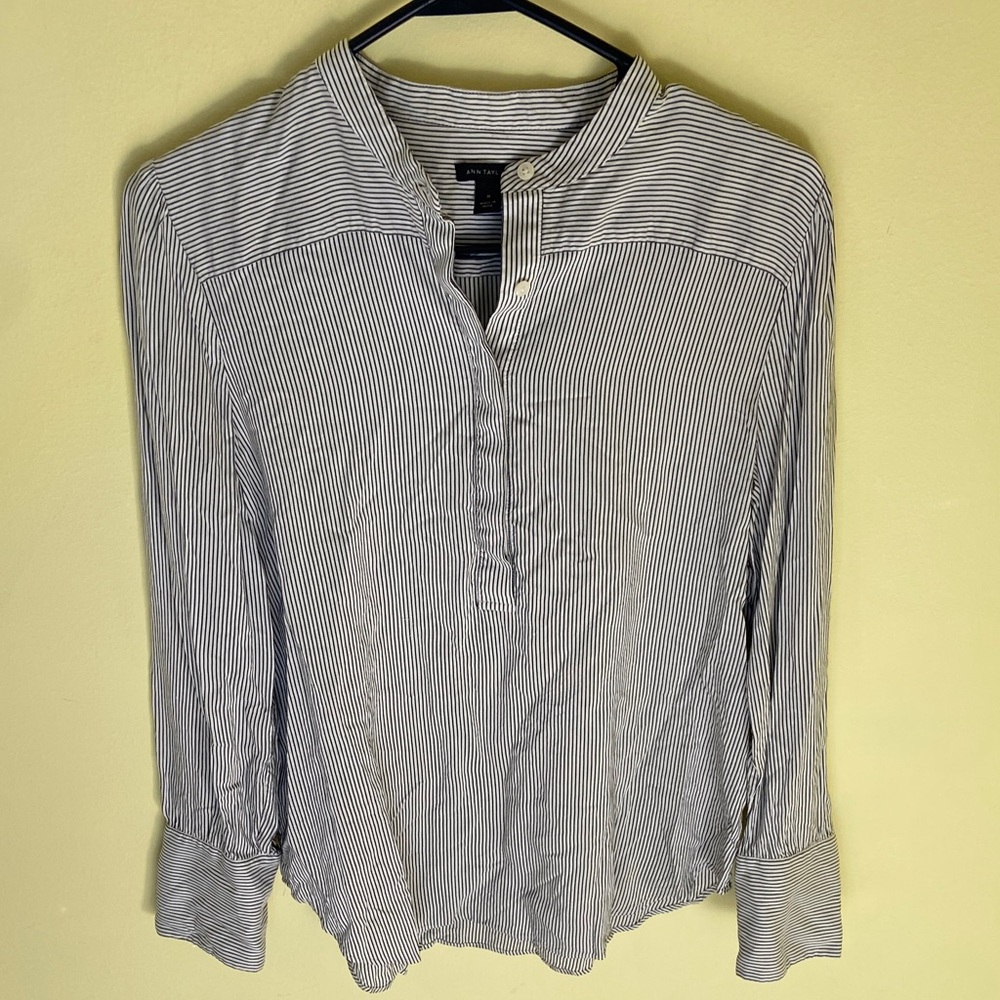 Ann Taylor Blue and White Striped Popover Shirt